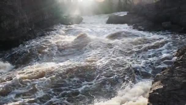 Slow Pan Lens Flare Raging Rocky River Rapids Water Spray — Stock videók