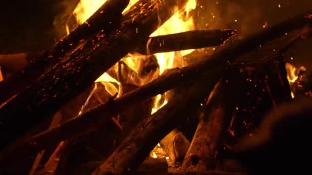 Firewood Burning Bright Yellow Flame Flying Sparks Slow Motion — Wideo stockowe