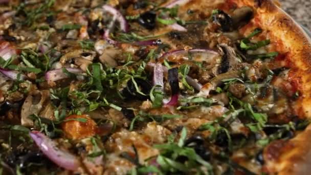 Decadent Large New York Style Pizza Covered Mushrooms Onions Fresh — Stock video