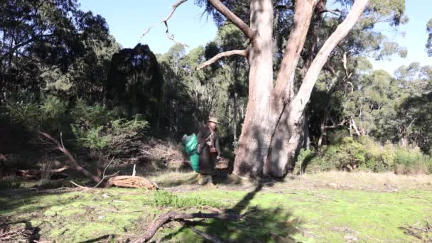 Swagman Stockman Jacket Akubra Hat Walks Australian Bush His Son — Vídeos de Stock