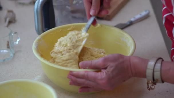 Preparing Bryndzove Halusky Dumpling Mixing Cooked Potato Dough Soft Sheep — Stockvideo