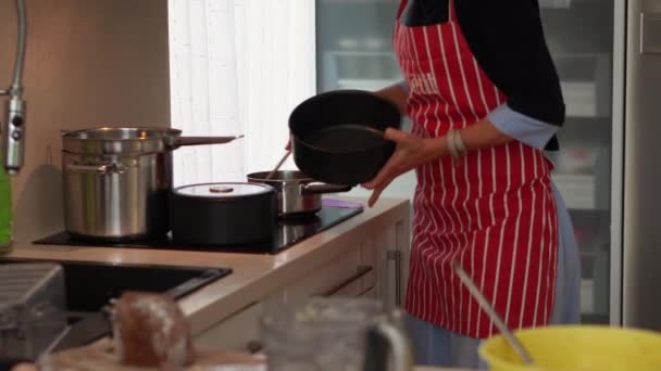 European Woman Home Cooking Slovakian Dish Kitchen Medium Shot — ストック動画