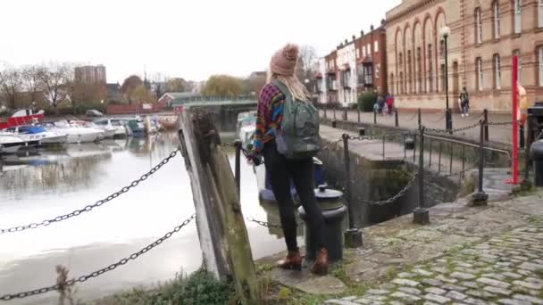 Woman Smiling Camera Starts Looking Waterside Bristol Harbour — Wideo stockowe