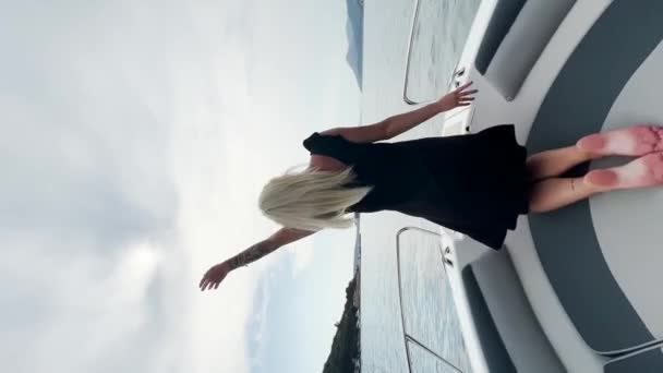 Young Woman Sitting Boat Deck Enjoying View Sea Croatia — Stockvideo