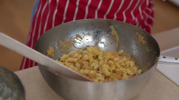 Female Hands Mixing Strapacky Ingredients Bowl Add Sauerkraut Fermented Cabbage — Vídeo de stock