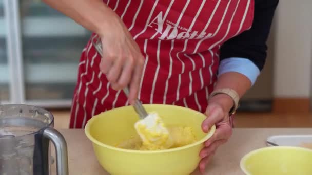 Female Chef Mixing Potato Dough Bowl Making Bryndzove Halusky Kitchen — Vídeo de stock
