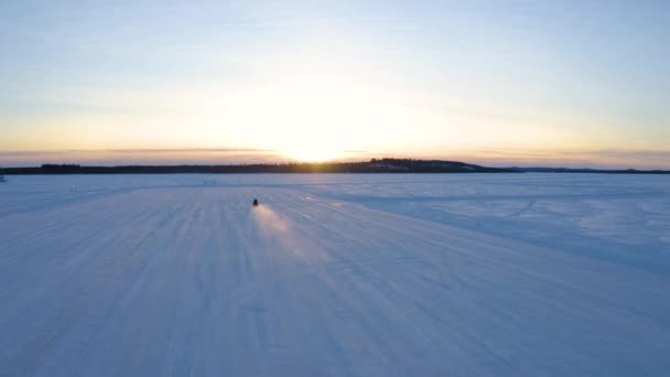 Aerial View Lone Snowmobile Driver Travelling Fast Flat Snowy Nordic — ストック動画