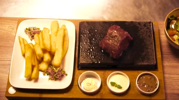 Grilled Steak Hot Cooking Stone Cinematic Shot — 图库视频影像