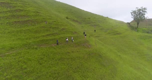 People Walking Single File Dirt Road Middle Green Mountain Drone — Stock video