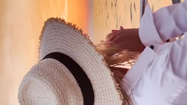 Young Beautiful Woman Taking Selfies Boat Sunset Adriatic Sea Dubrovnik — Video