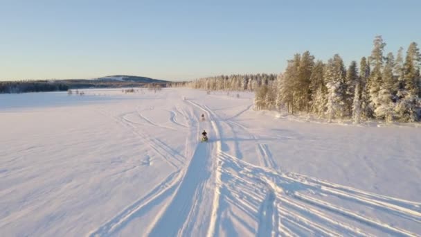 Aerial View Three Snowmobiles Riding Snowy Lapland Sweden Wilderness Trail — 图库视频影像