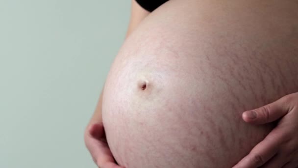 Pregnant Woman Third Trimester Gently Rubs Belly Her Hands Close — Stok video