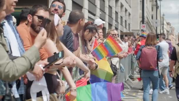 Large Rainbow Flag Flown Spectator Pride March — Vídeo de stock