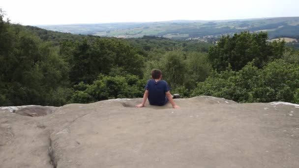Young Boy Looking Out Countryside Brimham Rocks Once Known Brimham — Vídeo de Stock