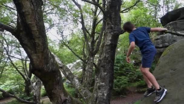 Young Boy Climbing Jumping Rocks Brimham Rocks Once Known Brimham — Αρχείο Βίντεο