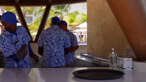 All Inclusive Resort Bartenders Making Drinks Cheerful Service Sunny Background — ストック動画