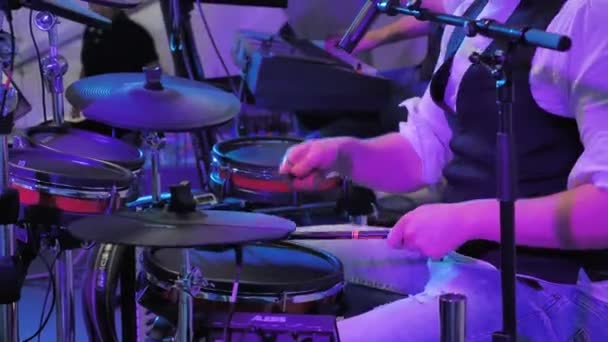 Drummer Playing Slow Motion Blue Purple Ambient Lights — Videoclip de stoc