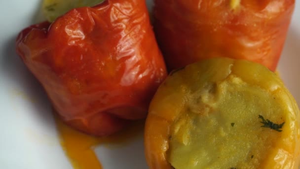 Stuffed Peppers White Plate East European Cuisine Dish Close — Video Stock