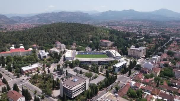 Stadion Pod Goricom Podgorica Montenegro Aerial View Football Stadium Neighborhood — стоковое видео