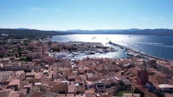 Saint Tropez France Aerial View Old Town Buildings Port Yachts — стокове відео