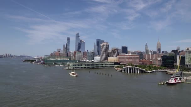 Aerial View Hudson Yards Chelsea Piers Sunny Midtown Nyc Usa — Stock Video