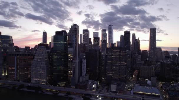 Aerial View Away Illuminated Skyscrapers Manhattan Skyline Colorful Evening Sky — Stock video
