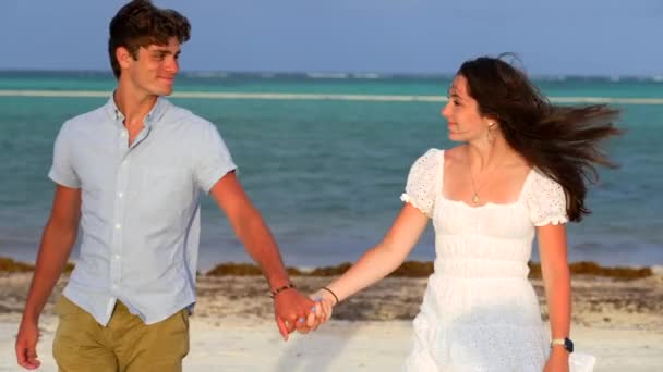 Boyfriend Girlfriend Couple Takes Romantic Walk Beach Magic Hour Light — Stockvideo