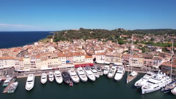 Tropez France Aerial View Saint Tropez Port Luxury Yachts Sailboats — ストック動画
