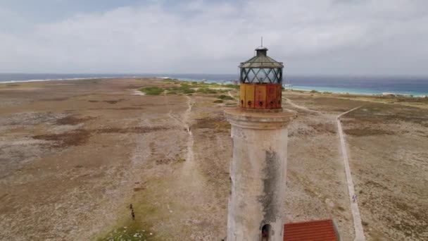 Aerial Close Orbit Old Lighthouse Panorama Klein Curacao Island Caribbean — Wideo stockowe