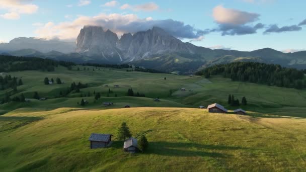 Aerial View Seiser Alm Plateau Traditional Wooden Mountain Cottages Meadows — Vídeos de Stock