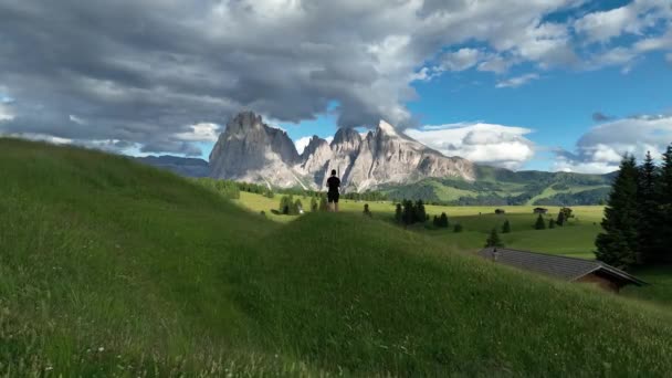 Aerial View Seiser Alm Plateau Traditional Wooden Mountain Cottages Meadows — Video