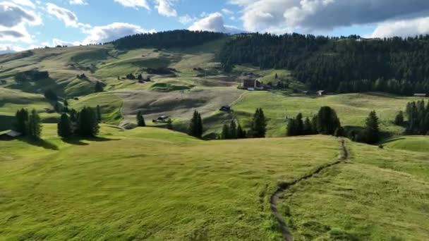 Aerial View Seiser Alm Plateau Traditional Wooden Mountain Cottages Meadows — Video Stock