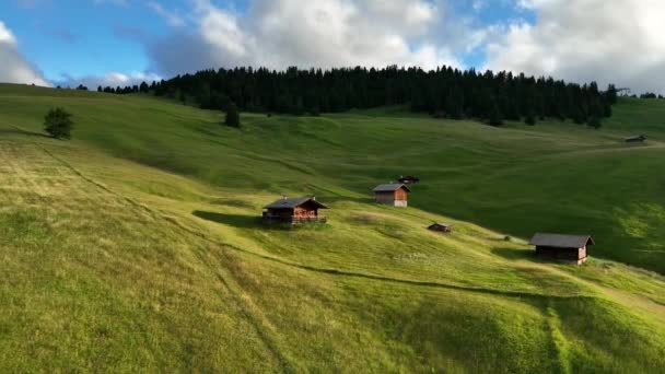 Повітряний Вид Долину Seiser Alm Традиційними Дерев Яними Гірськими Хатинами — стокове відео