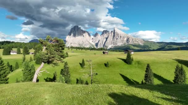 Aerial View Seiser Alm Valley Traditional Wooden Mountain Huts Dolomites — Vídeos de Stock