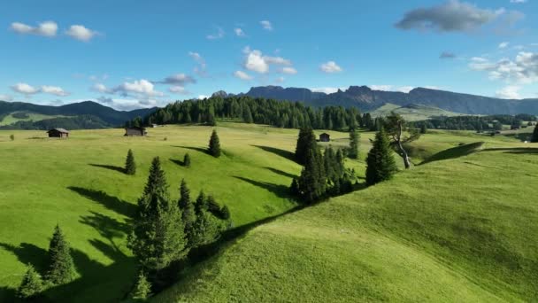 Aerial View Seiser Alm Valley Traditional Wooden Mountain Huts Dolomites — Stockvideo