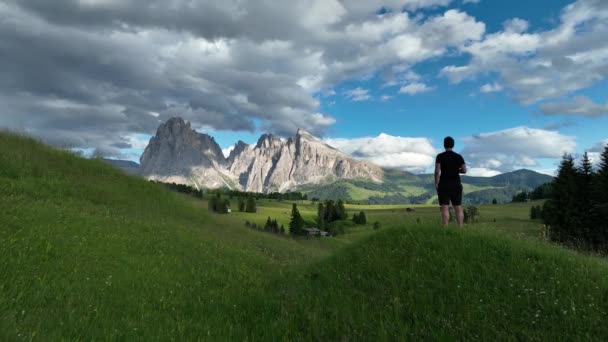 Aerial View Seiser Alm Plateau Traditional Wooden Mountain Cottages Meadows — Video Stock