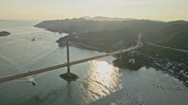 Aerial View Sunset Tsing Amazing Ting Kau Bridge Hong Kong — ストック動画