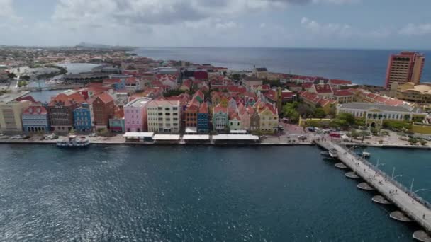 Aerial Approach Waterfront Houses Historical Center Willemstad Curaao — Vídeo de Stock