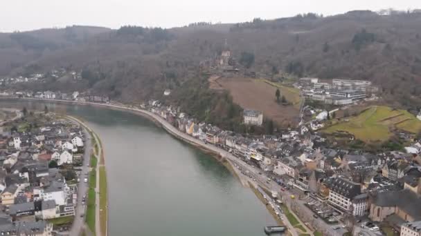 Drone Flight Moselle River Cochem Germany Castle Background — Video Stock