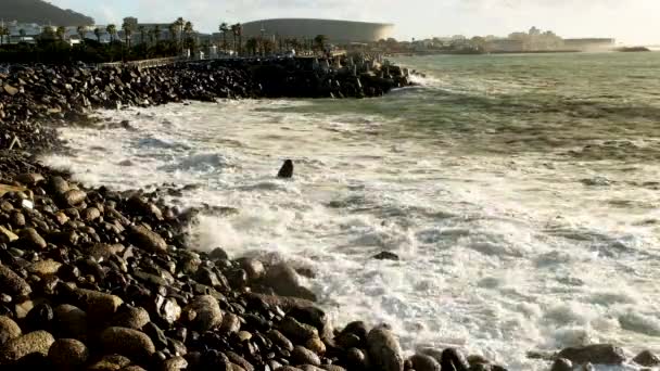 Waves Collide Rocky Coastline Cape Town Waterfront Sunset Static Shot — Stock video