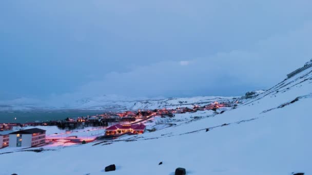 Aerial Panorama Shot Lighting Lafsvk City Snowy Day Evening Iceland — Stockvideo