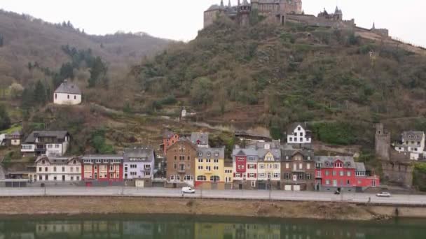 Soaring Drone Flight Water Level River Moselle Castle Mountain City — Video