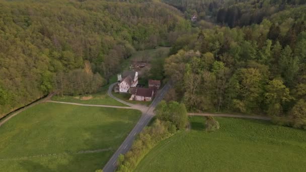 Circular Drone Flight Vast Meadows Huge Farm Area German City — ストック動画