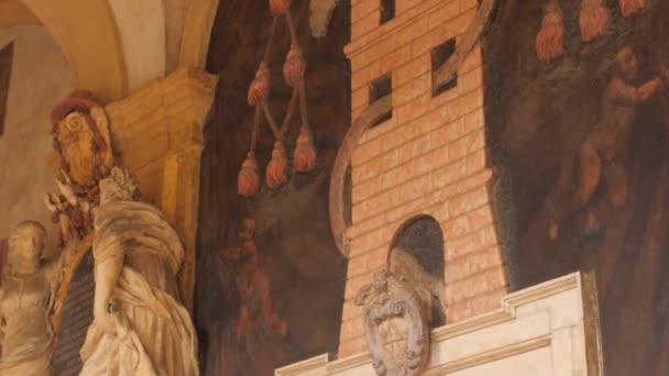 Detailed Sculptures Walls Porticos Inner Courtyard Archiginnasio Palace Bologna Italy — Wideo stockowe