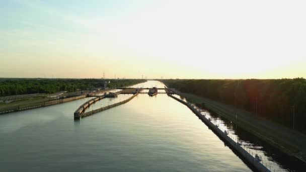 Drone Flight Albert Canal Lock Beautiful Stunning Sunset View Horizon — Wideo stockowe