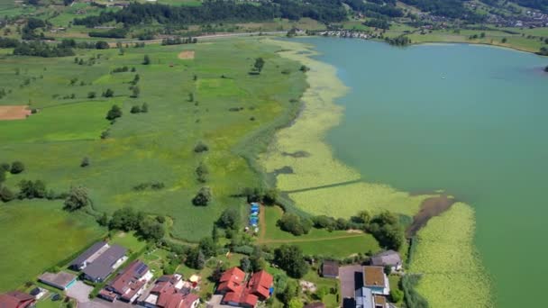Aerial View Small Swiss Village Lake Lotus Flowers Lake — стоковое видео