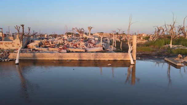 Damaged Ruins Historic Flooded Town Villa Epecuen Argentina Aerial — Vídeo de stock