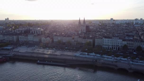 Bordeaux City Aerial Pullback Garonne River Sunset — Vídeos de Stock