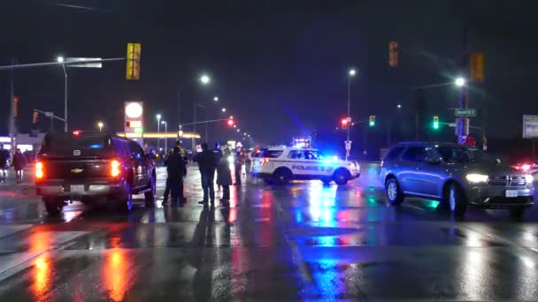 Flashing Police Vehicles Barricade National Trucker Protest Rain Reflection Canada — Vídeo de stock