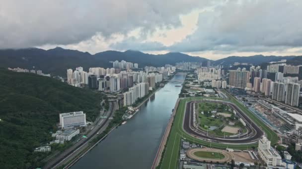 Aerial Drone View Shatin Horse Racecourse Shing Mun River Hong — Stockvideo